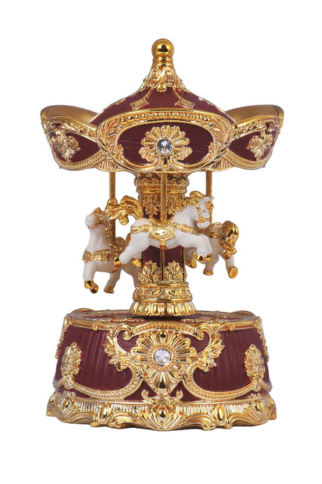 Nostalgisk karrusel fra Musicboxworld i vinrød og guld med hvide heste, gyldne ornamenter og mekanisk spilleværk