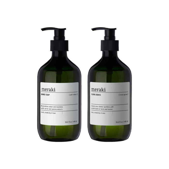 Meraki håndsæbe og opvaskemiddel i grønne flasker med pumpe
