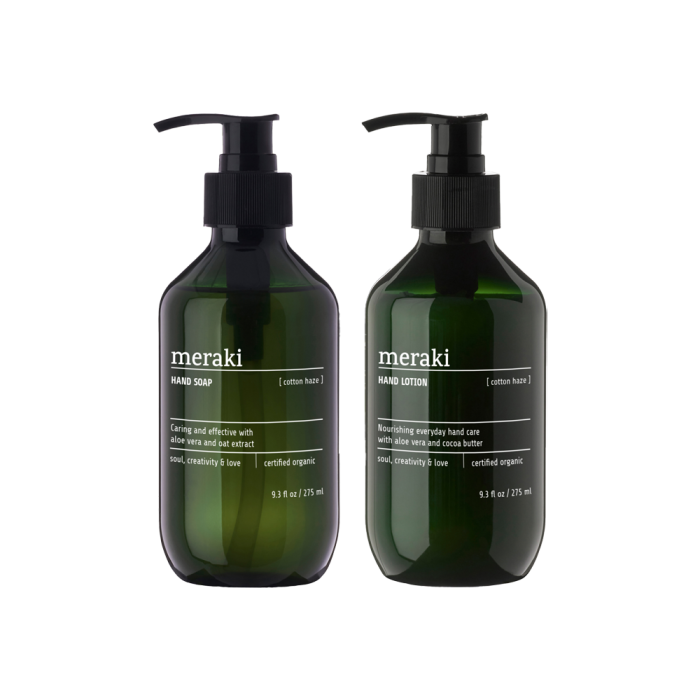 Meraki med håndsæbe og håndlotion i grønne flaske med pumpehoved