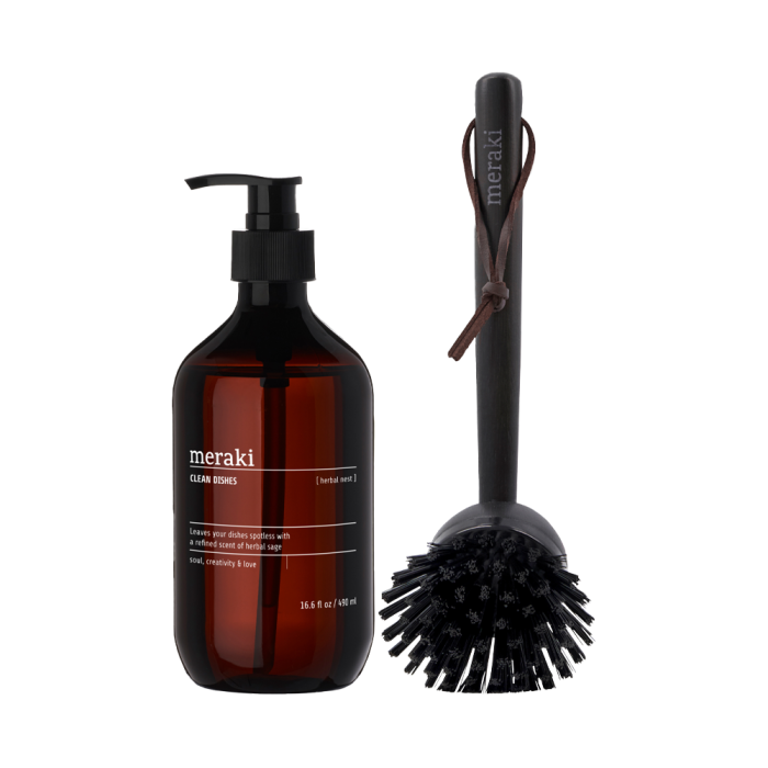 Meraki opvaskemiddel i brun flaske samt opvaskebørste