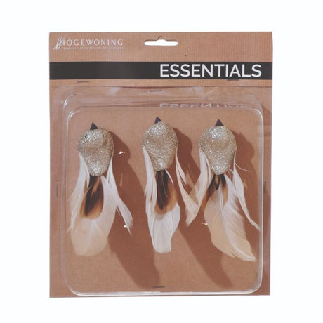 Fugle champagnefarvede med ægte fjer 3-pak