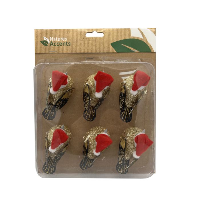 Julefugle med klips rød og guld 6-pak