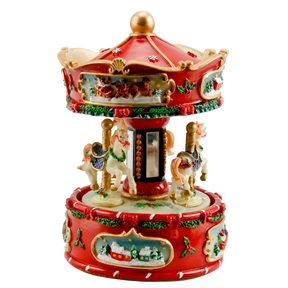 Julekarrusel med heste og flotte farverige detaljer, drejer rundt til julemelodi fra Musicboxworld. 