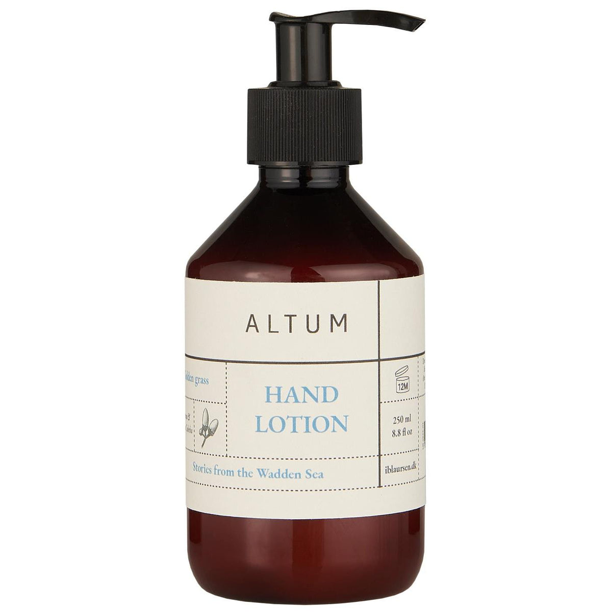ALTUM Golden Grass håndlotion fra Ib Laursen i brun pumpeflaske med sort pumpe og cremefarvet etiket, 250 ml