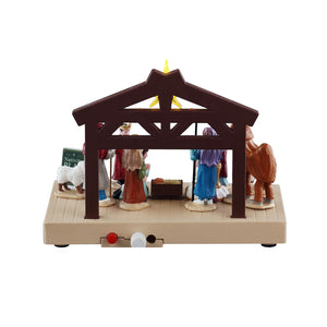 Nativity Play fra Lemax til julebyen set bagfra med strømudgange
