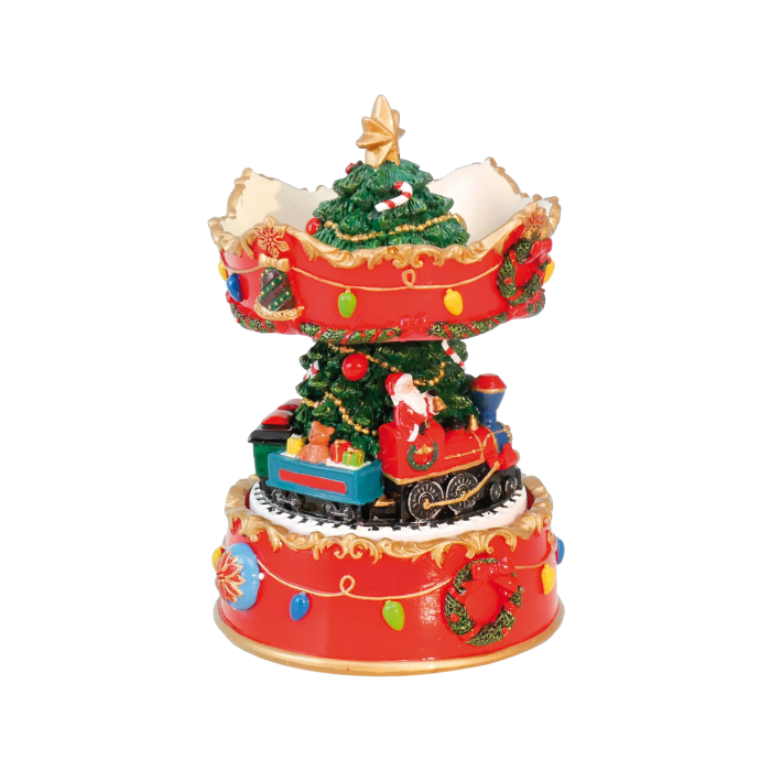 Julekarrusel med julemanden i juletog, der drejer rundt og spiller julemelodi fra Musicboxworld. 