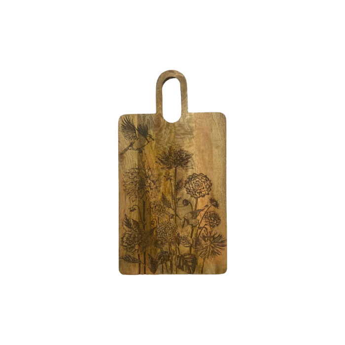 Skærebræt i mangotræ med fugle- og blomstermønster