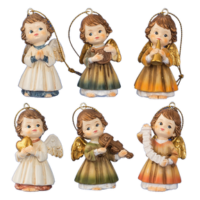 Engel med guldvinger til ophæng. Findes i 6 forskellige udgaver, den ene engel har foldet sine hænder i bedestilling, de 4 andre engeler har hver deres musikinstrument og den sidste engel holder et guldhjerte. Desuden varierer farverne på hver engels kjol