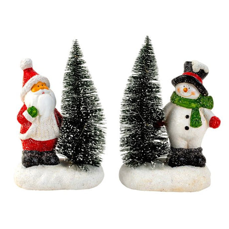 Julemand eller snemand ved siden af juletræ med lys i. Der er sne både på juletræerne og figurerne og begge står på en isflage.