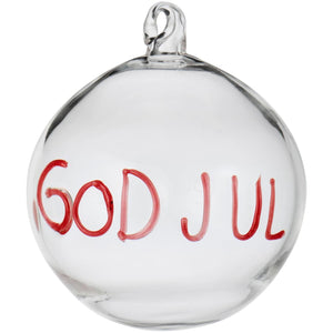 Julekugle i glas klar med rødt tekst GOD JUL fra Ib Laursen