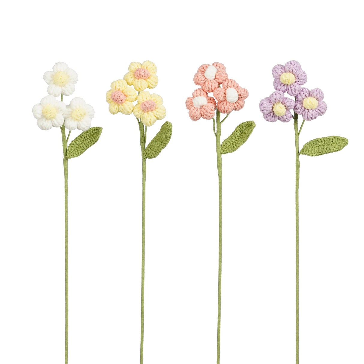 Hæklet forårsblomsterstilk i fore forskellige farver