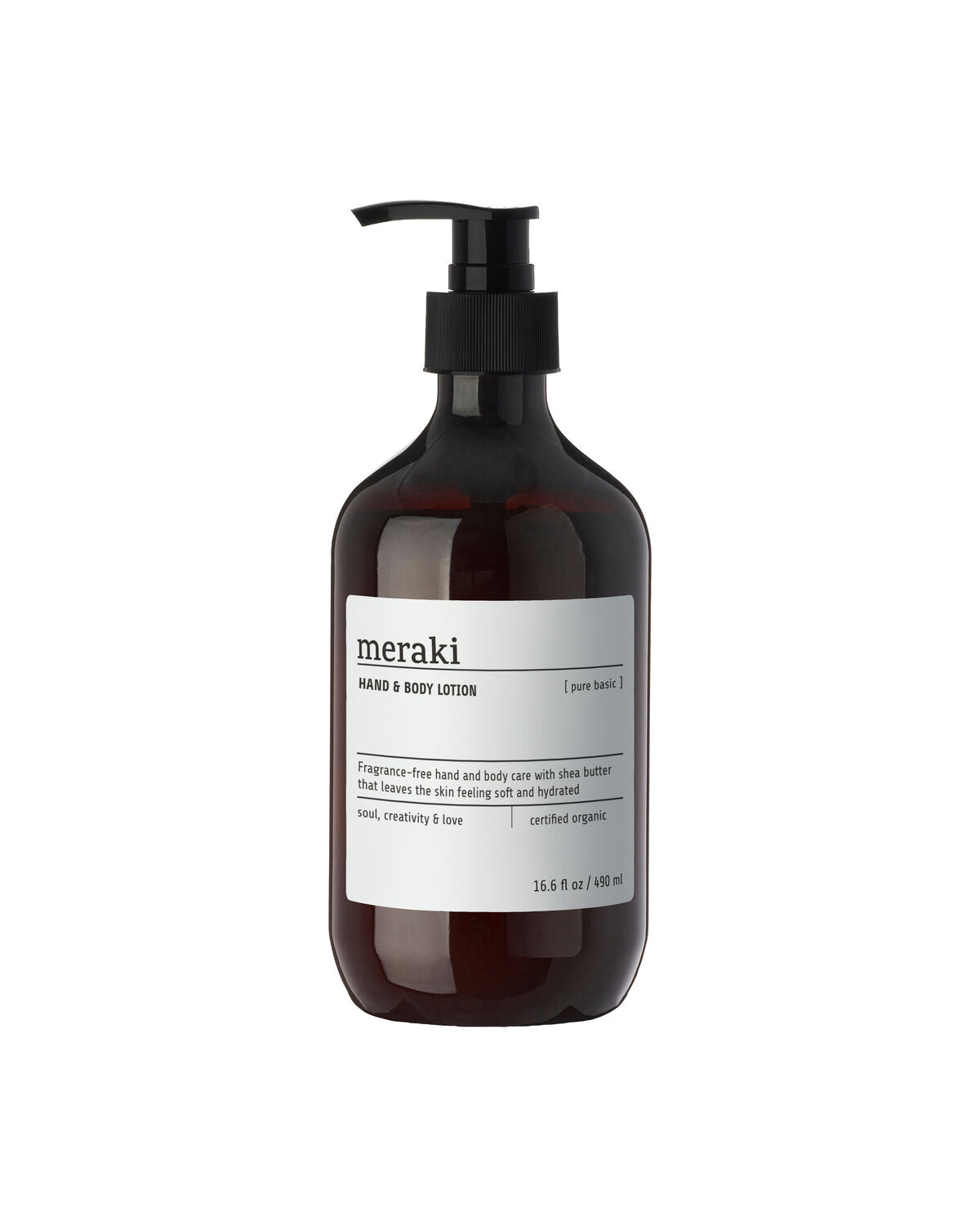 Parfumefri hånd- og kropslotion fra Meraki med sheasmør i brun pumpeflaske med sort pumpehoved, 490 ml