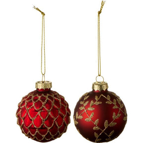 Matrøde julekugler med guldfarvet motiv 