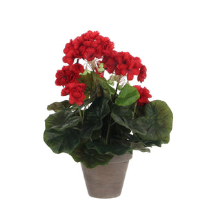 Kunstig Pelargonie rød 34 cm høj i grå lerpotte