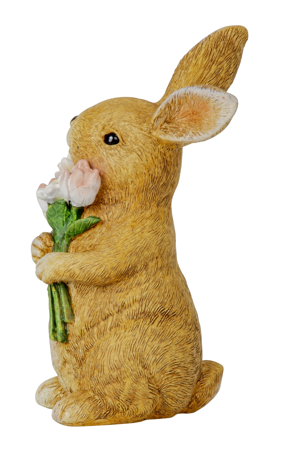 Påskehare med blomsterbuket set fra siden af