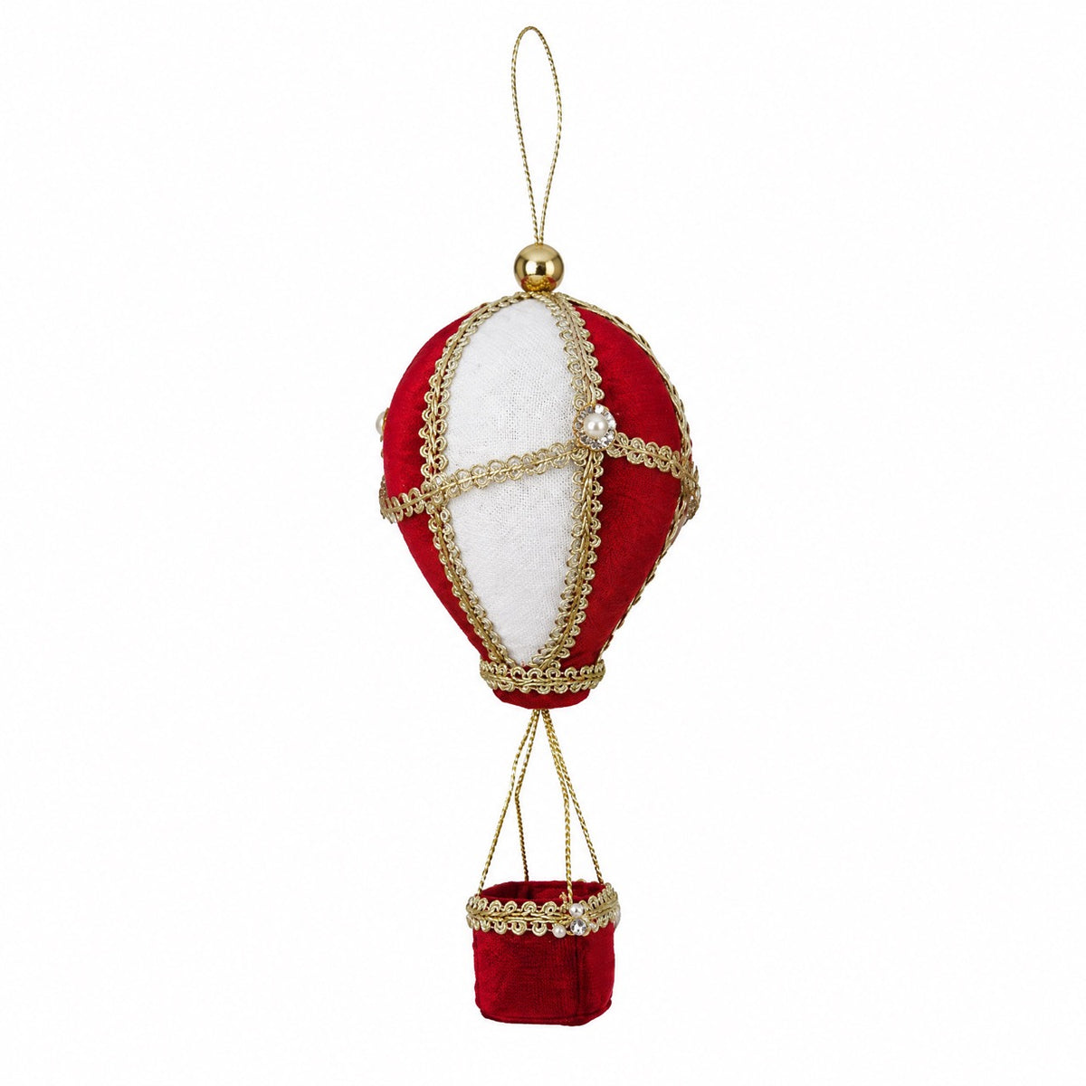 Rød og hvid luftballon med guldfarvede detaljer