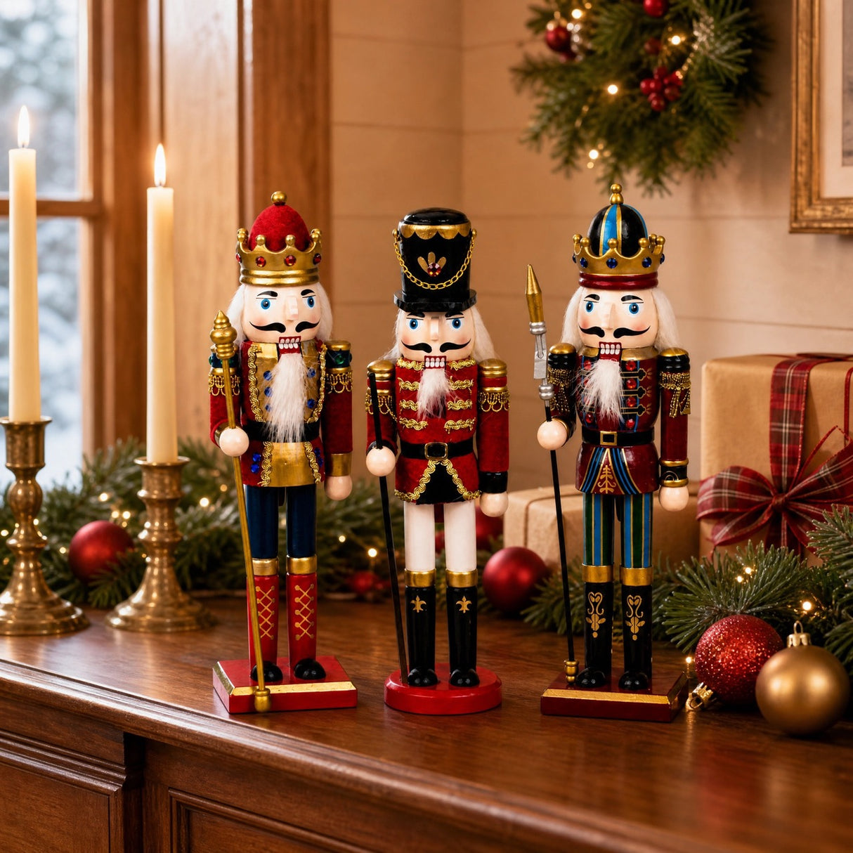 Nøddeknækkerfigurer dekorerer på en skænk med andet julepynt