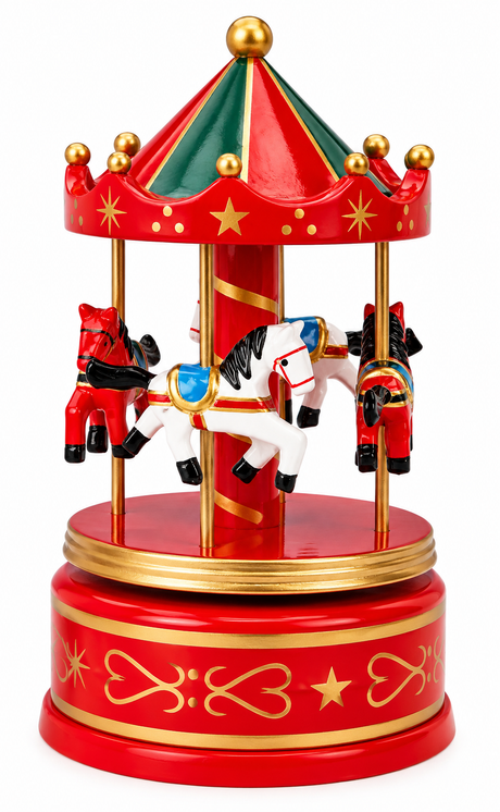 Nostalgisk rød og grøn karrusel i træ fra Musicboxworld med fire hvide og sorte heste, gyldne stjerner og musikværk