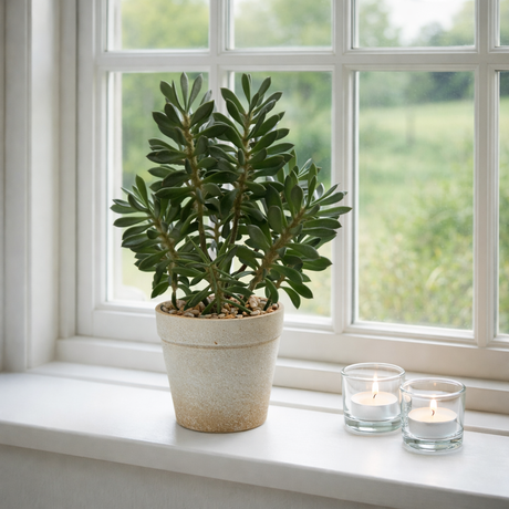 Sukkulent i beige potte i vindueskarm med fyrfadsstager