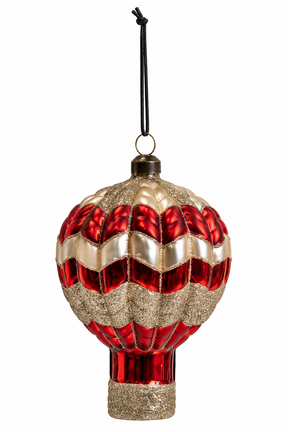 Luftballon som julekugle i rødt og guld med glitter og mønster i små felter fra Speedtsberg, 12 cm høj