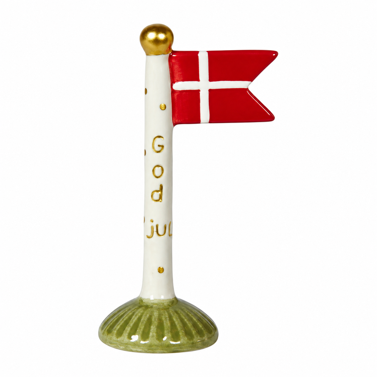 Flag i keramik med grøn fod og med God Jul fra Speedtsberg