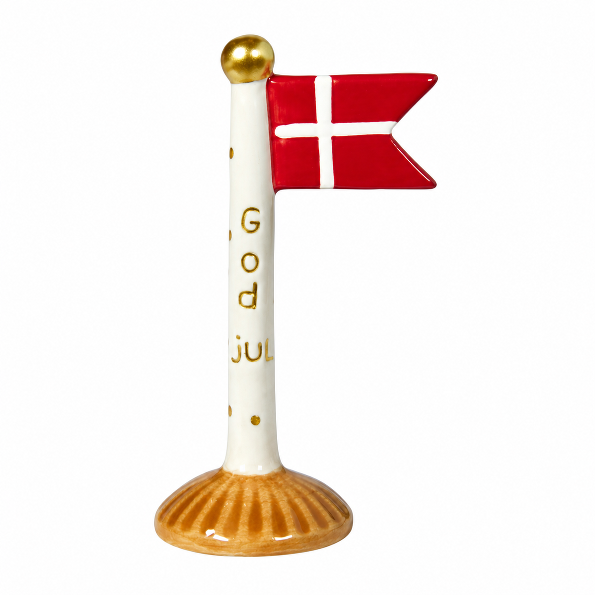 Flag i keramik med orange fod og med God Jul fra Speedtsberg
