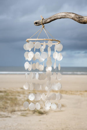 Vindspil med hvide strandskaller fra Ib Laursen hængende ved stranden