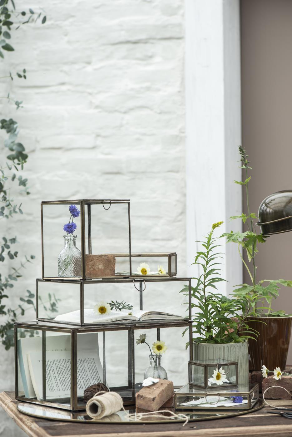 Solitaire glasæske fra Ib Laursen som dekorativ opbevaring på en reol med planter og andre boligting