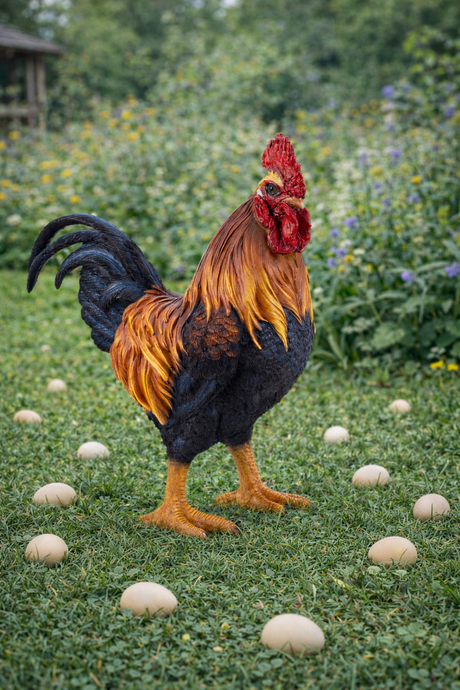 Hane figur står på en græsplæne med æg omkring sig