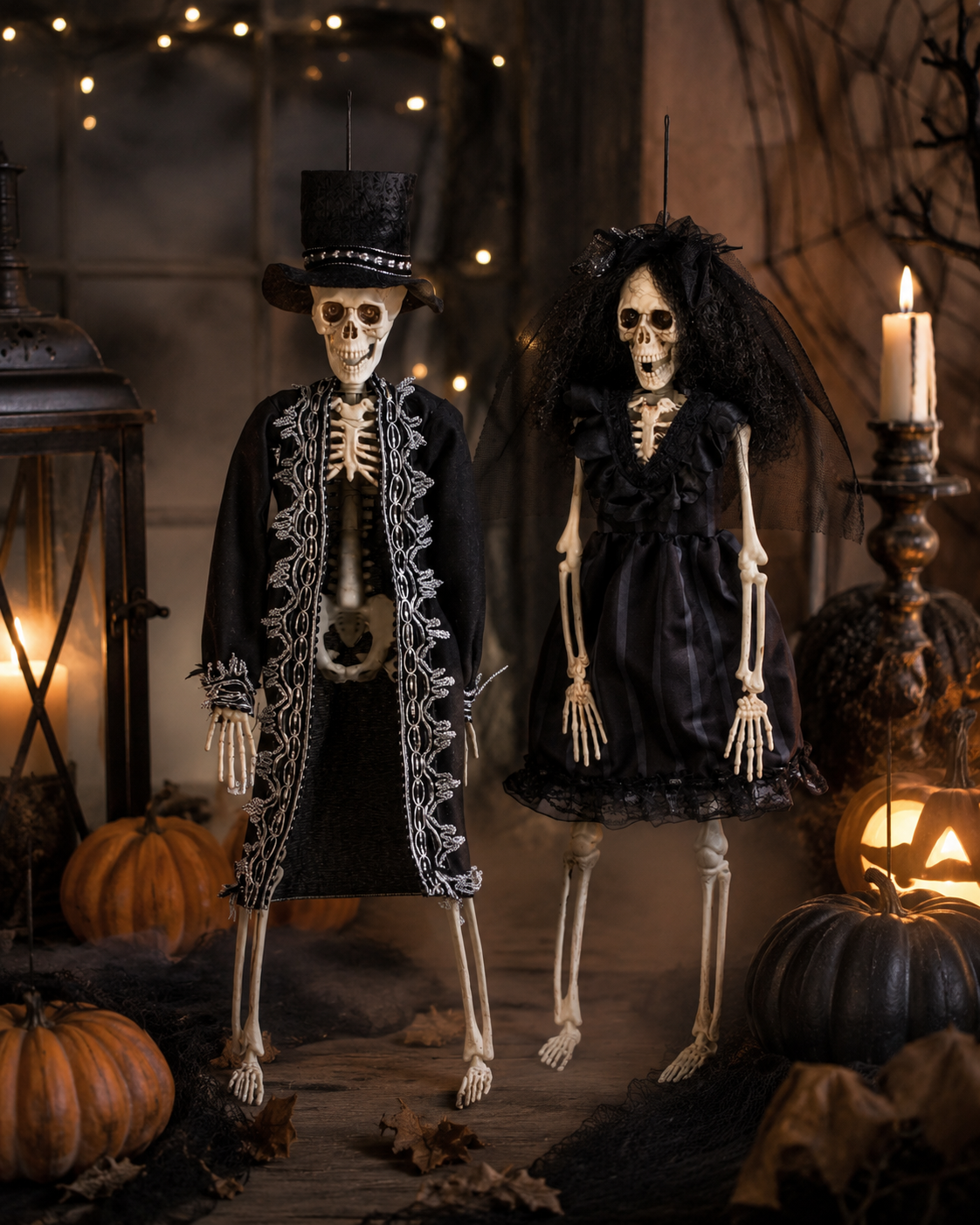 Hængende skelet brud og brudgom i pyntede Halloween omgivelser