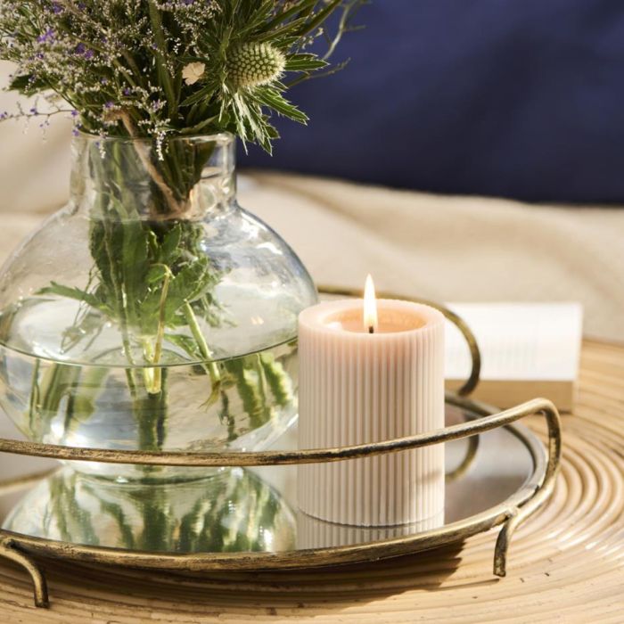 Ib Laursen messingbakke m/hanke og spejlbund med bloklys og glasvase