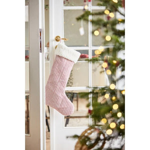 Julesok rød/hvidstribet med kunstig pelskant