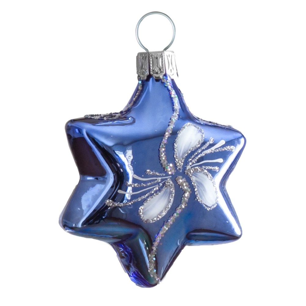 Billede af Glaskugle Stjerner blå med mønster - 6,5cm - 4stk