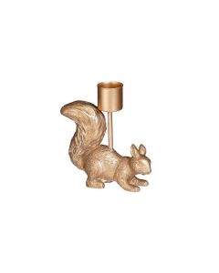 Lysestage formet som et egern i guldfarve