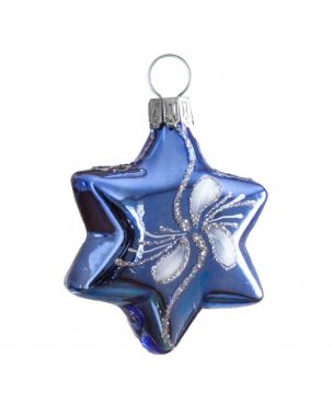 Blue star glass ornament with pattern 6.5 cm 4 pcs.