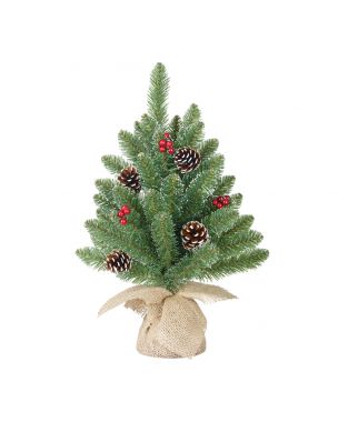 Christmas tree with frozen berries, pine cones and jute sack
