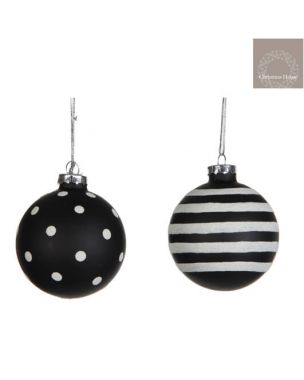 Black glass balls with white dots / white stripes Ø7 - 2 pcs.