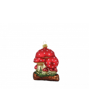 Mushroom family on tree trunk Christmas ornament