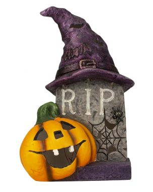 Tombstone with hat and pumpkin